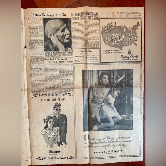 VJ Day Japan’s Surrender Newspaper August 15, 1945 Ephemera Milwaukee Sentinel - Picture 4 of 5